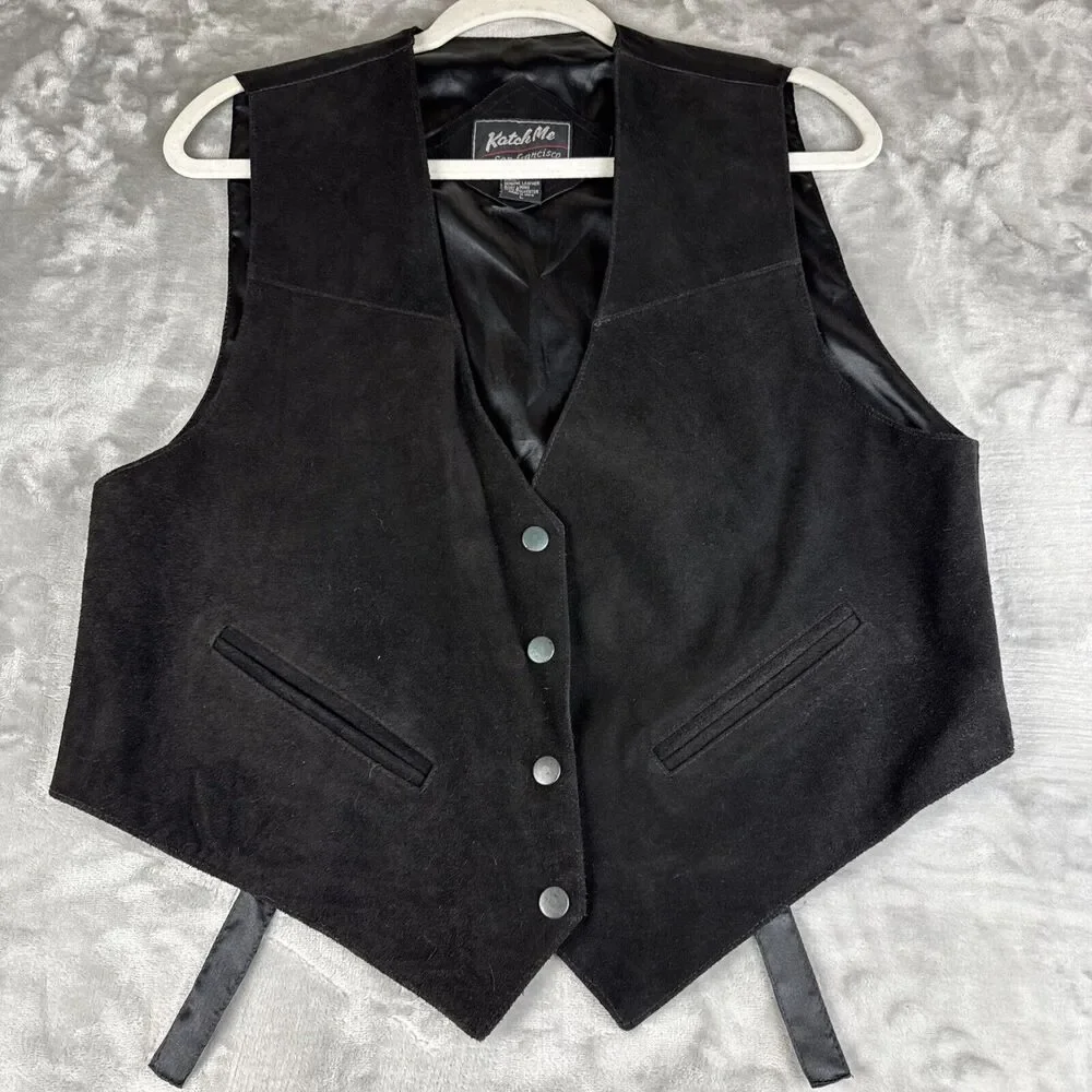 Vintage Katch Me SF Suede Leather Vest Men's L Black‎ Snap Front Pockets (1166)
